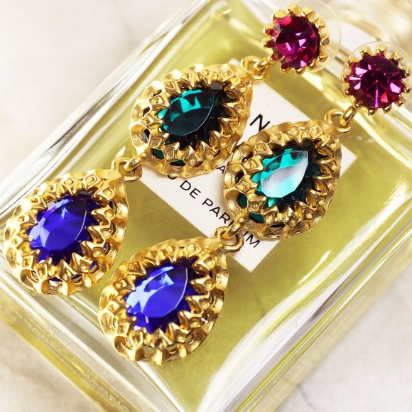 Vintage Ruby, Emerald & Blue Sapphire in Gold Setting Luxurious Pierced Earrings